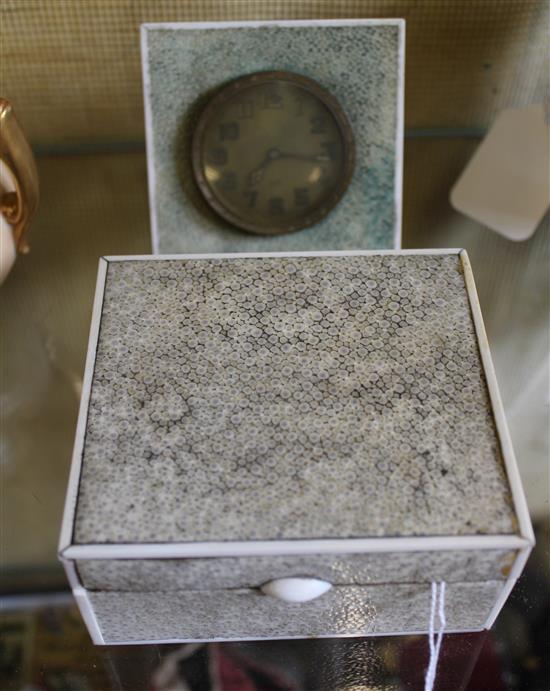 Art Deco shagreen and ivory easel clock & a similar cigarette box